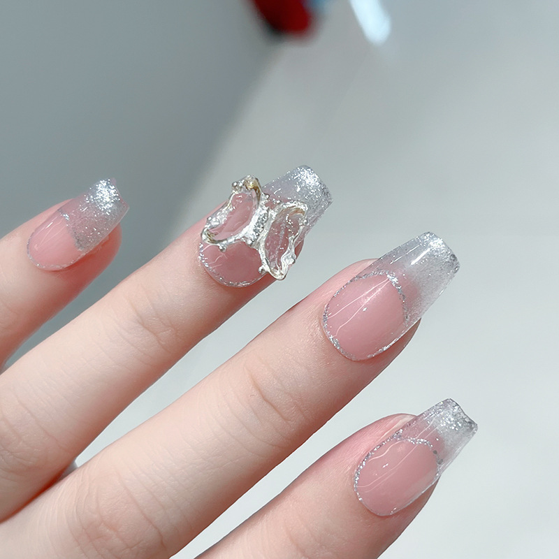 French Pure Desire Crystal Butterfly Wearing Nail Bare Powder White Ice Through Cat Eye Manual Light Therapy Nail Short Ladder Bride Nail Specification drawing
