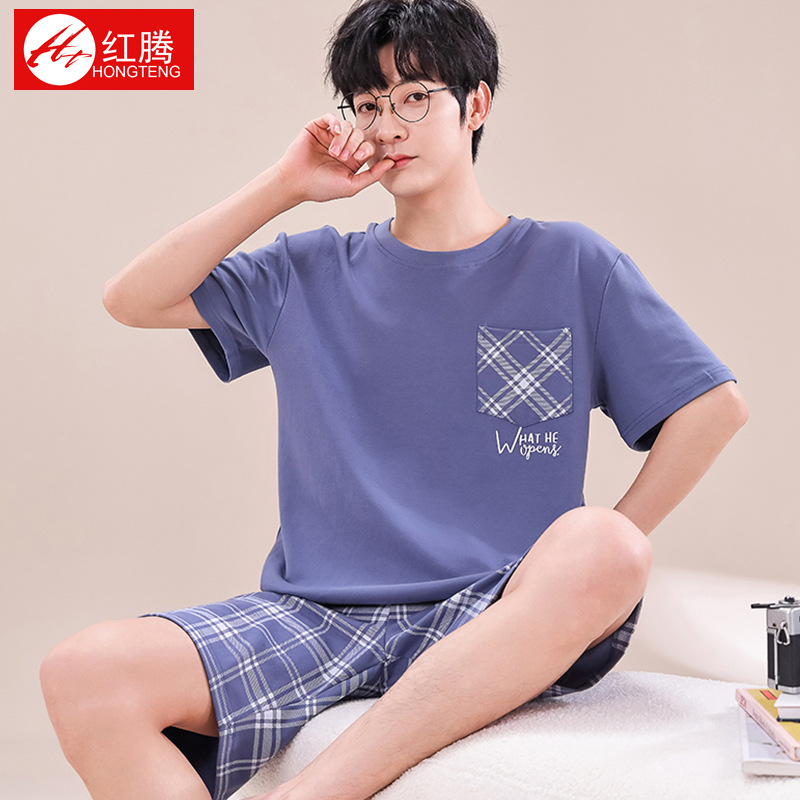 Men's pure cotton pajamas, summer short-sleeved casual wear that can be worn outside, 2025 new men's large-sized home wear, thin set
