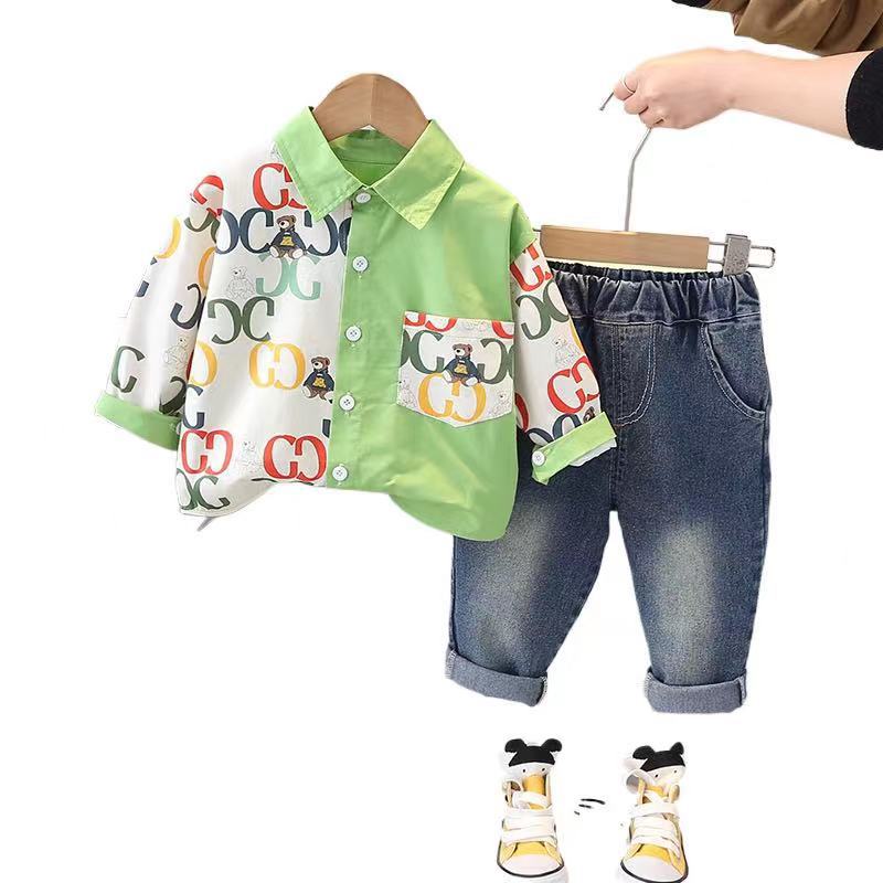 Children's casual color-blocking long-sleeved shirts, boys' animal shirts, boys' casual sets for spring and autumn, suitable for small and medium-sized children Item Picture