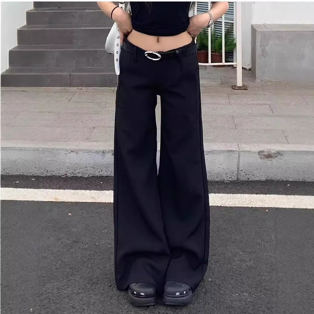 Chubby girl black washed slightly flared jeans for women in summer, low-waisted, slimming loose, floor-length wide-leg flared pants details Picture