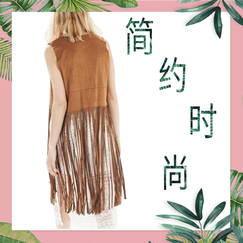 Spring and Summer new European and American style shawl suede fringed vest jacket for women, sleeveless mid-length waistcoat Specification image