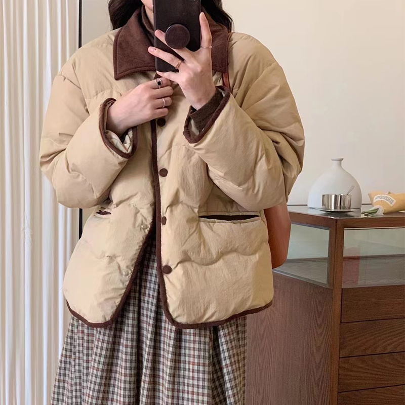 Korean ins corduroy lapel Dongdaemun light down cotton-padded jacket for women, short chanel-style cotton-padded jacket, casual coat Application Scenario