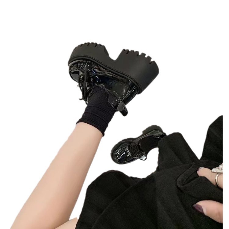 British Style Thick Soled Small Leather Shoes For Women 2024 Spring New Thick Heels Increase Black Loafers Lace Up Vintage Single Shoes Item Picture