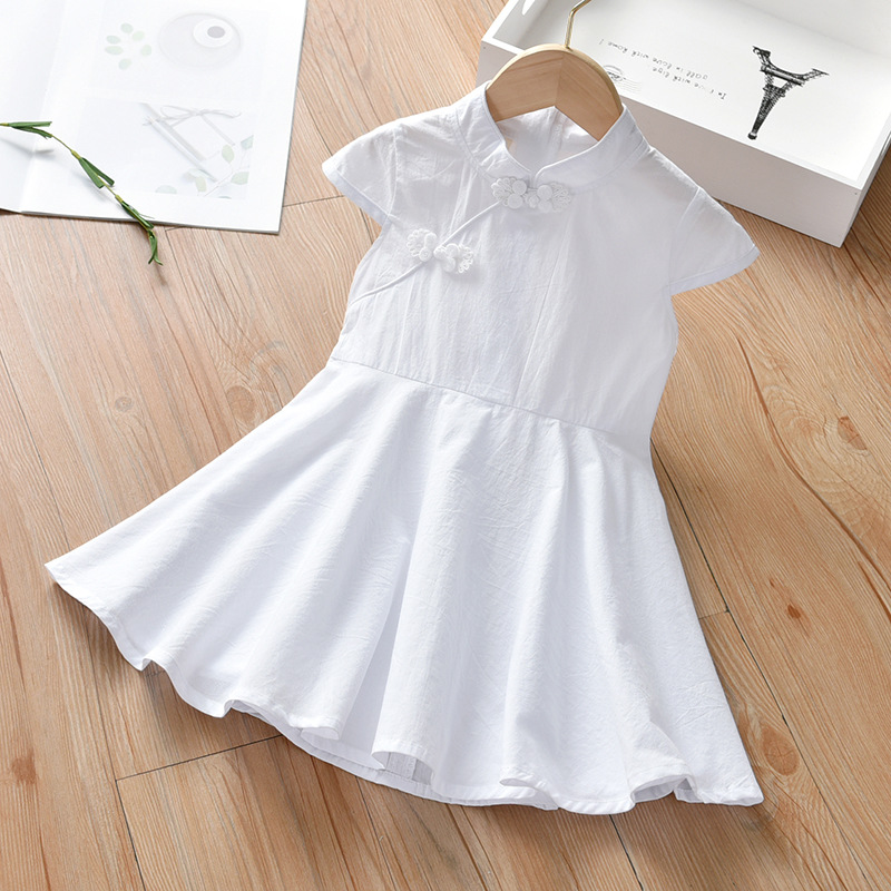 女童连衣裙夏季2021新款中国风盘扣短袖古装白裙子童装洋气大摆裙图