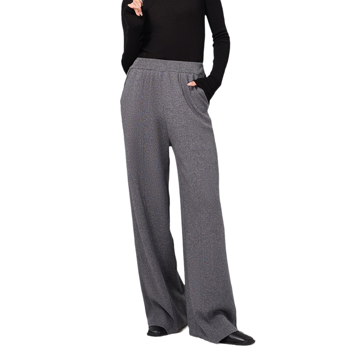 High-waisted anti-pilling straight-leg pants for women, machine-washable wool pants, floor-length wide-leg pants for women details Picture