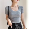 Straight-shoulder short-sleeved T-shirt for women, short style 2025 summer, slimming and flattering, revealing collarbone, pure cotton T-shirt with threaded inner layer Application Scenario
