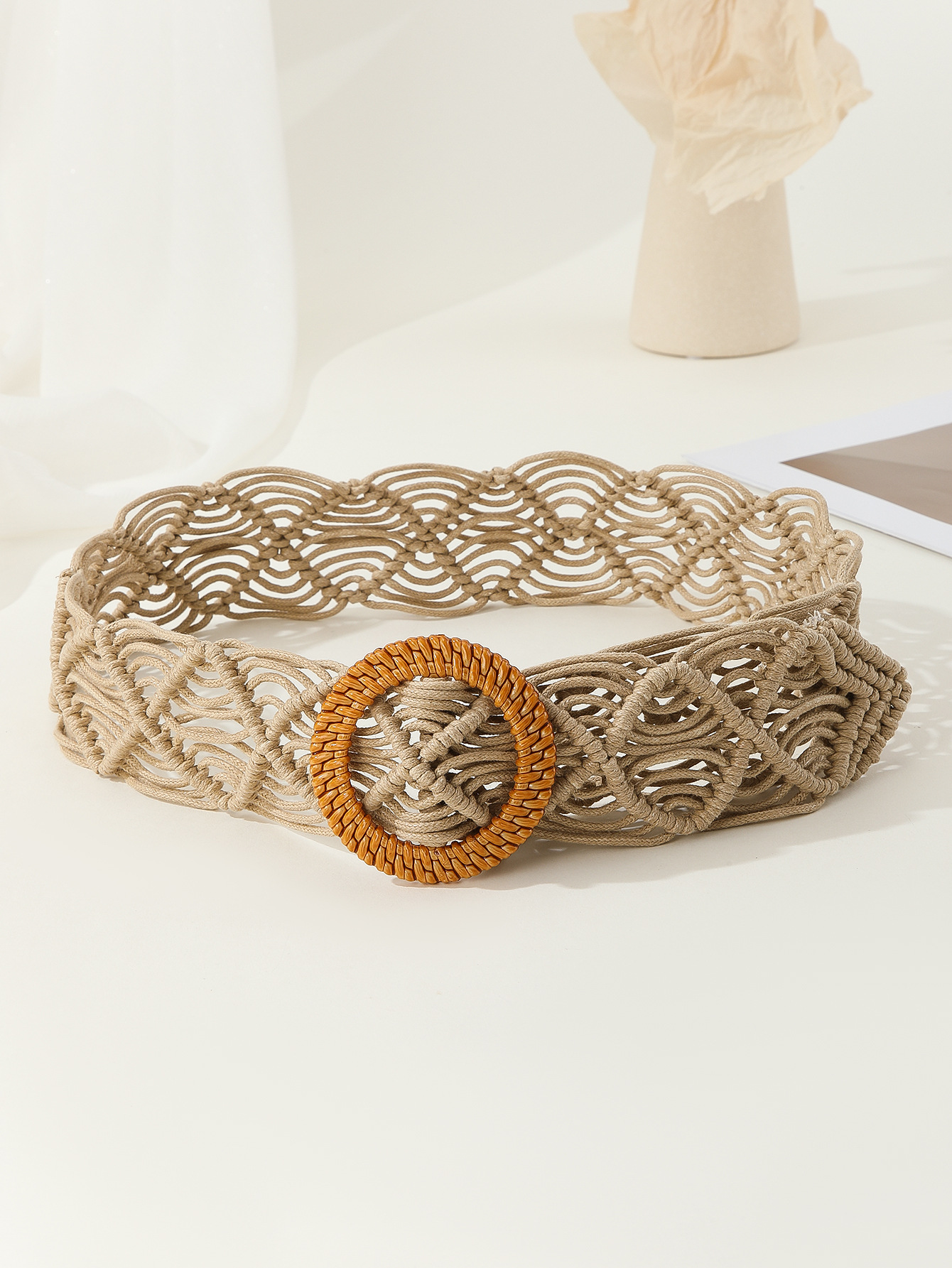 Ladies Boho Retro Ethnic Style Braided Belt With Wood Buckle Wood Beaded Wax Rope Hand Woven Knotted Belt Women Item Picture