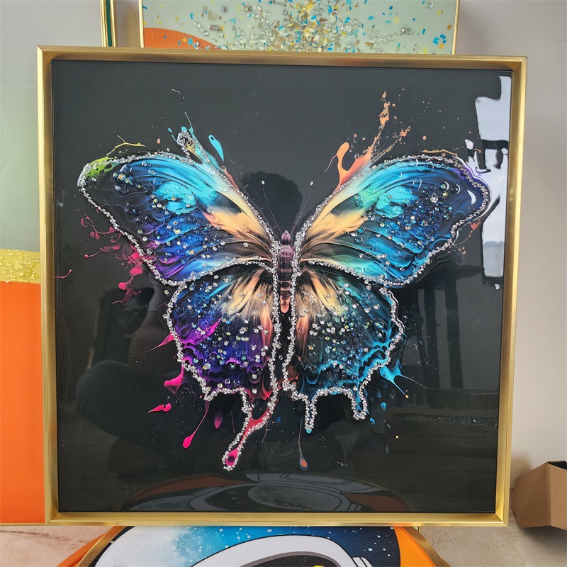 美式轻奢餐厅装饰画创意蝴蝶客厅卧室背景墙挂画外贸镶钻晶瓷画