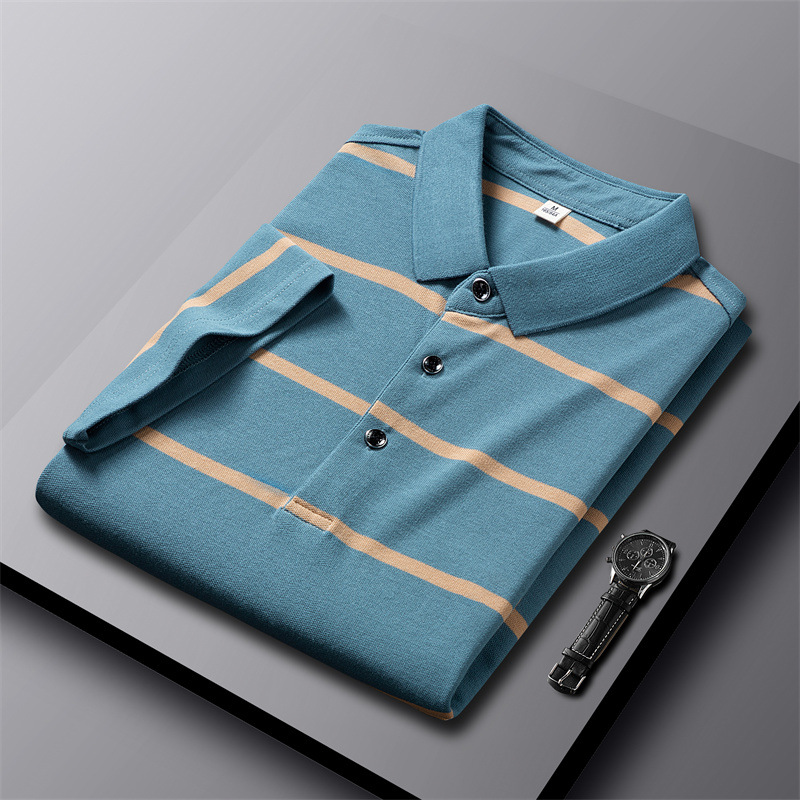 Summer short-sleeved T-shirts for middle-aged and elderly dads, business striped loose men's Polo shirts, summer Father's Day clothes