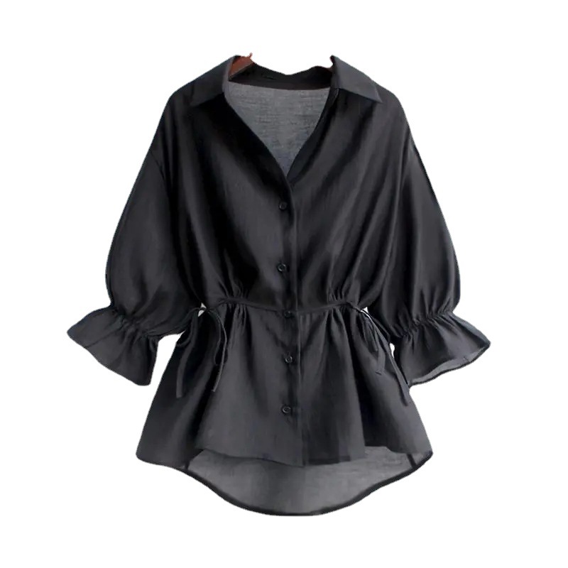 V-neck cinched waist skirt shirt for women's summer 2022 new Korean style, youthful chiffon loose ruffled top and baby shirt Item Picture