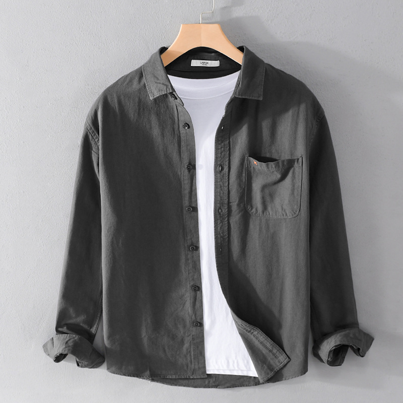 Spring and Autumn Men's casual long-sleeved pure cotton shirt, versatile Japanese style simple and fashionable young men's cotton shirt 9357 details Picture