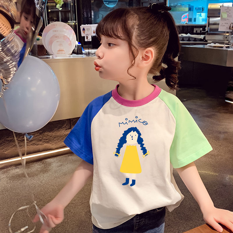 纯棉女童夏装卡通短袖T恤2024新款圆领撞色半袖小女孩休闲上衣ins