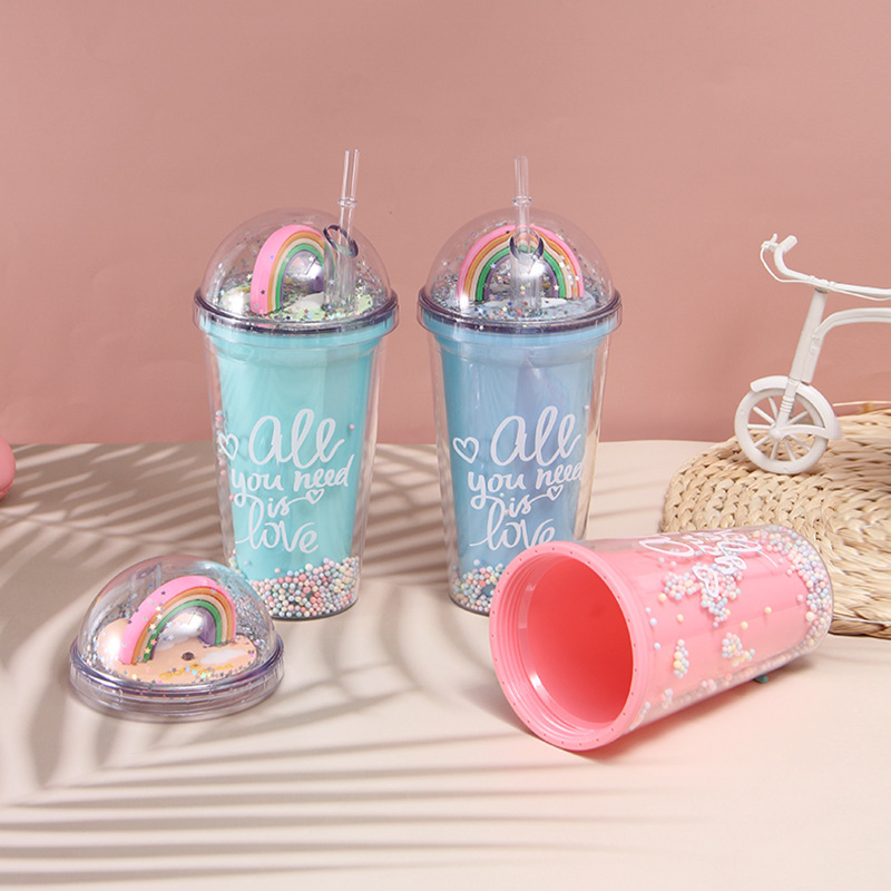 Factory direct sales: Popular macaron-colored summer ice cups, rainbow micro-landscape bubble straw cups, double-layer plastic cups Specification image
