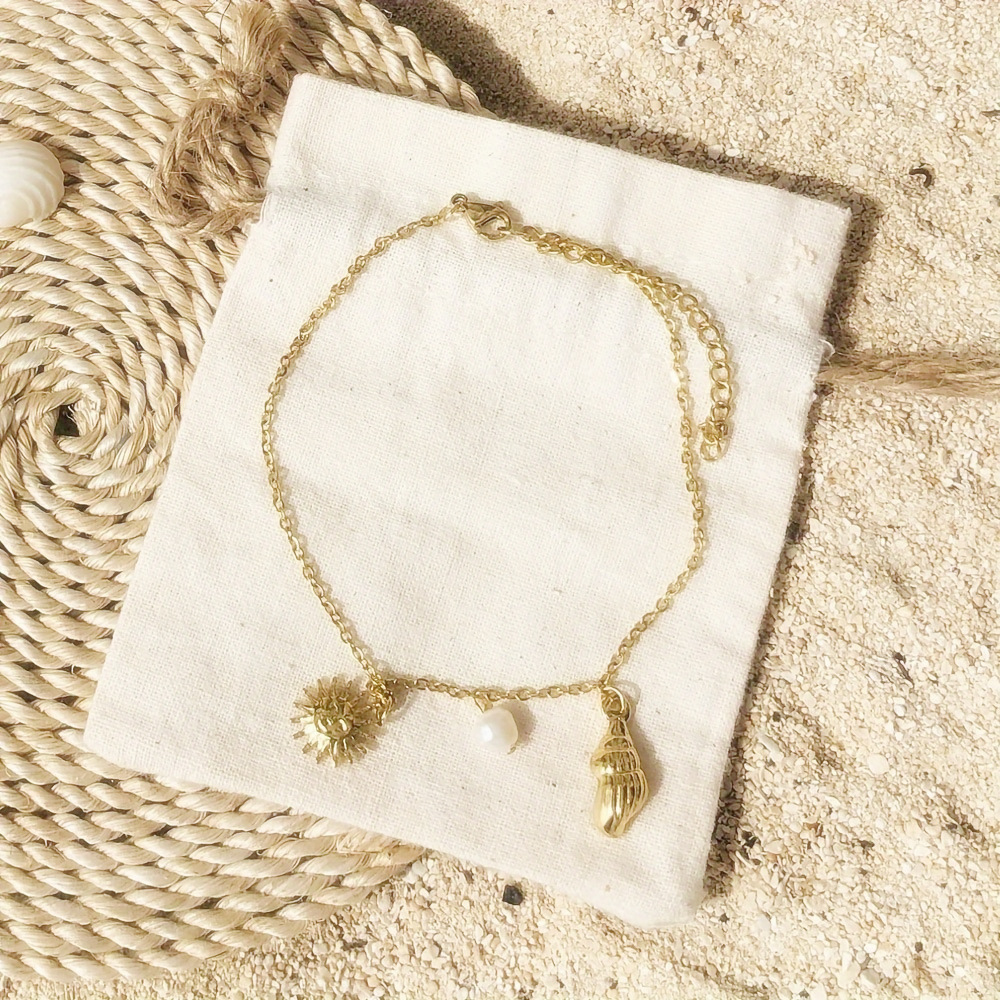 欧美跨境沙滩风太阳花珍珠贝壳脚链复古合金单层细链海螺吊坠脚饰