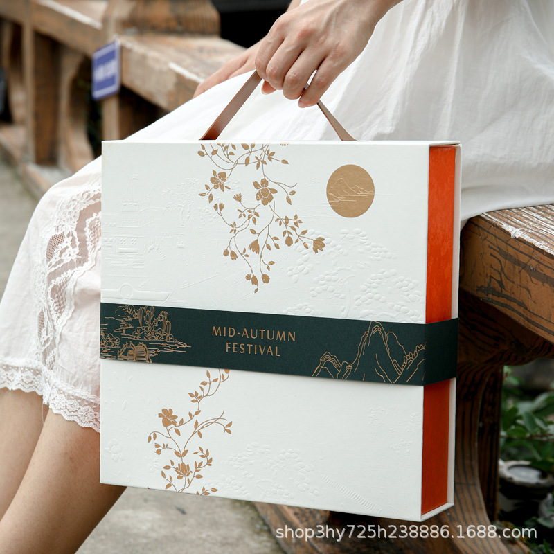 In-stock Mid-Autumn Festival mooncake packaging gift box, universal creative souvenir gift box, hand-held flip-top mooncake gift box with LOGO printing