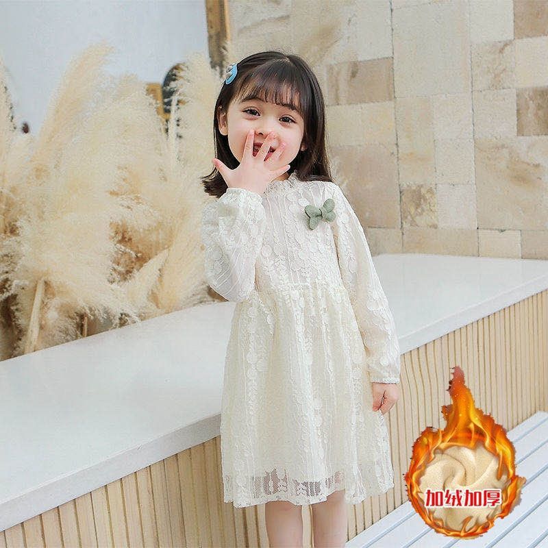 Girls' dress for autumn and winter, stylish dress for babies, autumn dress for children, long-sleeved lace princess dress for kids, fashionable and fleece details Picture