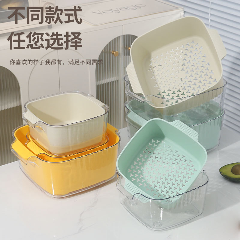 Household thickened, shock-resistant double-layer vegetable and fruit draining basket, living room vegetable washing basket, double-ear handle plastic kitchen vegetable washing basin Item Picture
