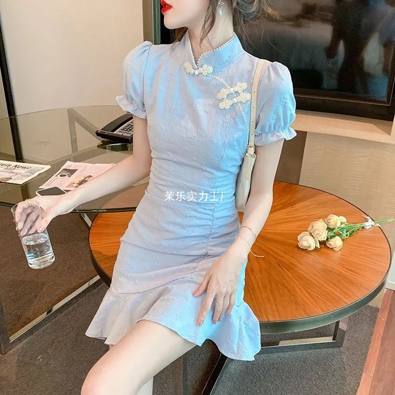 9037国风连衣裙女夏2025新款小个子短款改良旗袍修身显瘦鱼尾裙子