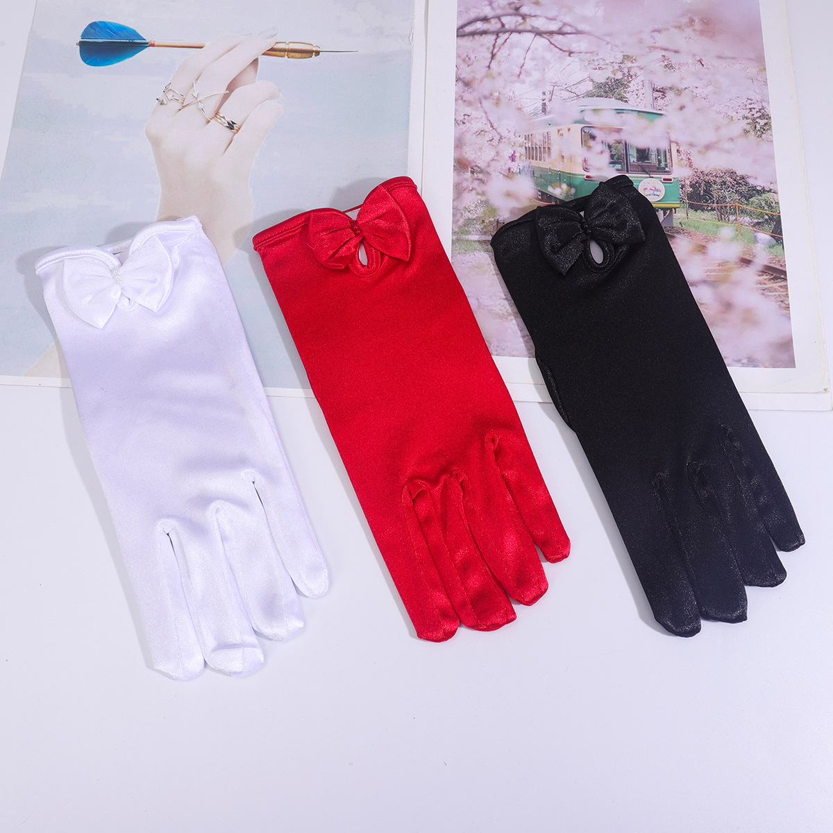 新娘弹力缎面手腕长度蝴蝶结礼服手套生日晚会舞会礼服配饰手套