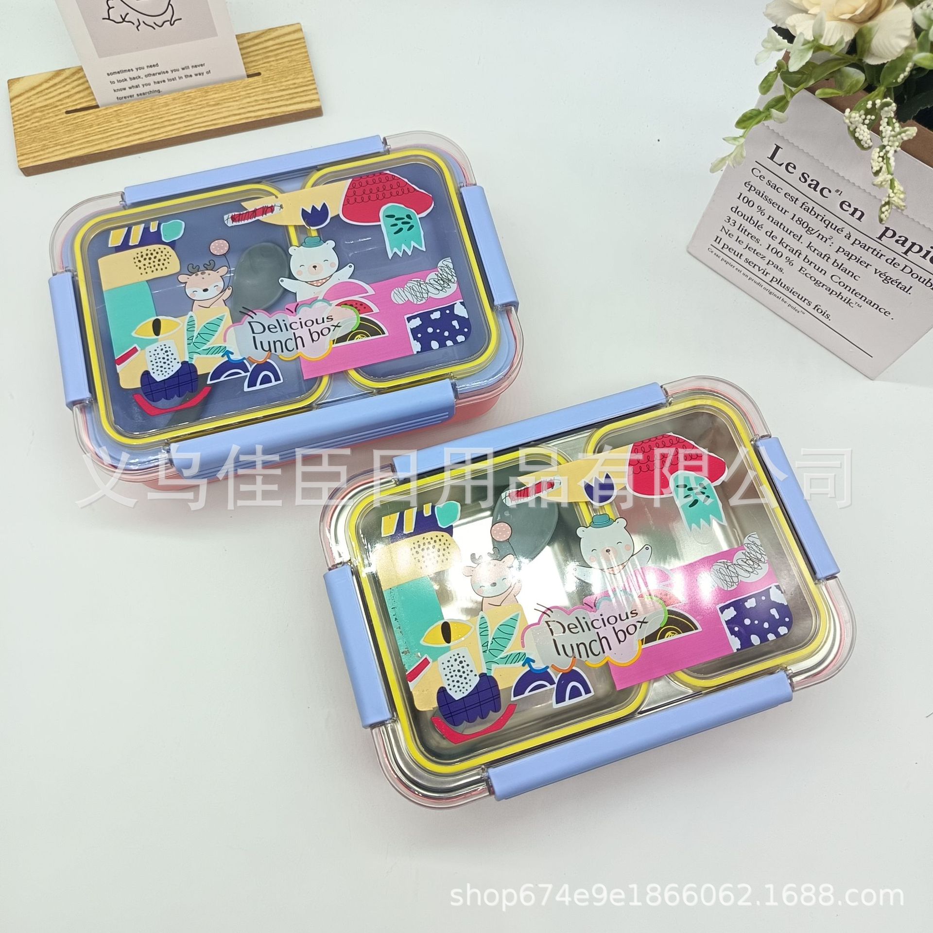 Amazon wholesale children's lunch boxes, cartoon cute and colorful little animals, portable bento boxes, lunch boxes, picnic boxes with spoons Specification drawing