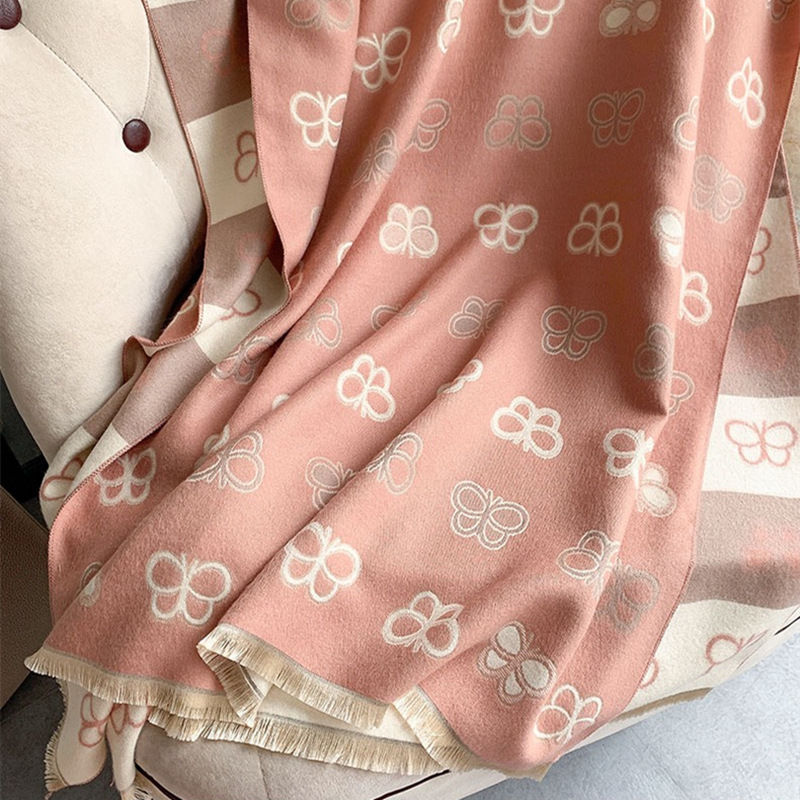 Korean Version Of Sweet Pink Butterfly Imitation Cashmere Scarf For Women Autumn Winter College Style Double Sided Thick Warm Air Conditioning Shawl Specification drawing
