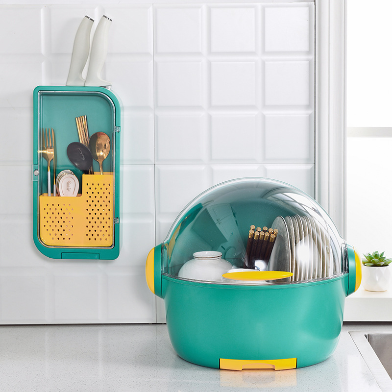 "Internet celebrity creative kitchen tableware storage box, bowls, chopsticks, plates, covered shelf, dust-proof and water-draining large-capacity storage box 0755-3.
