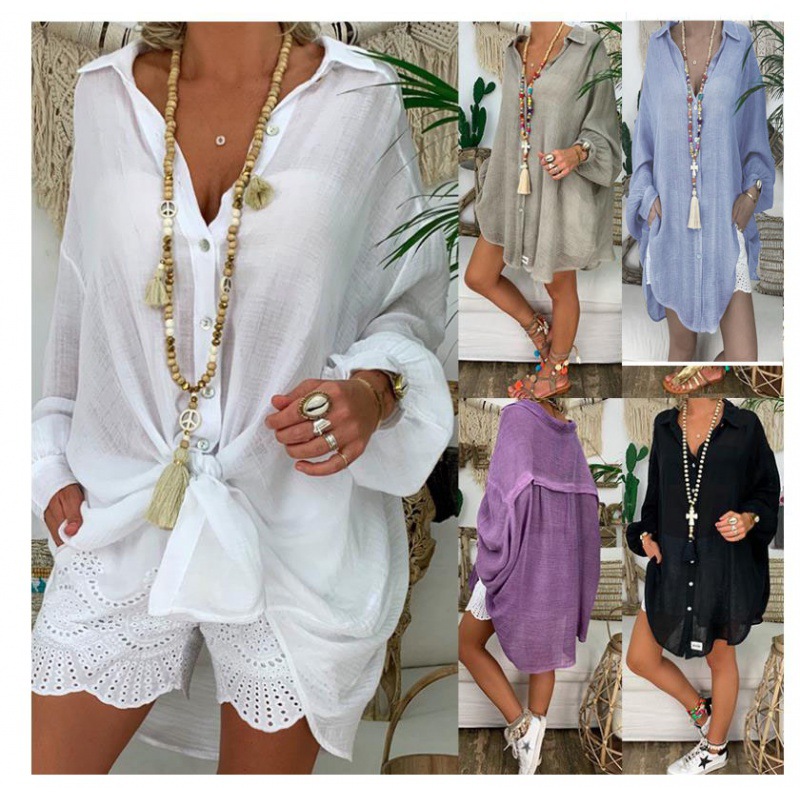 eBay 速卖通外贸女装新款 纯色宽松大码女式长袖棉麻衬衫上衣