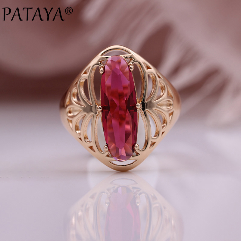 PATAYA585 rose gold electroplated earrings and rings, new long oval red zircon earrings and rings set Specification image