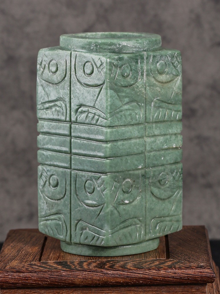 Natural jade cong green jade ornaments original stone nostalgic ornaments Study home living room office desktop offering ornaments full figure