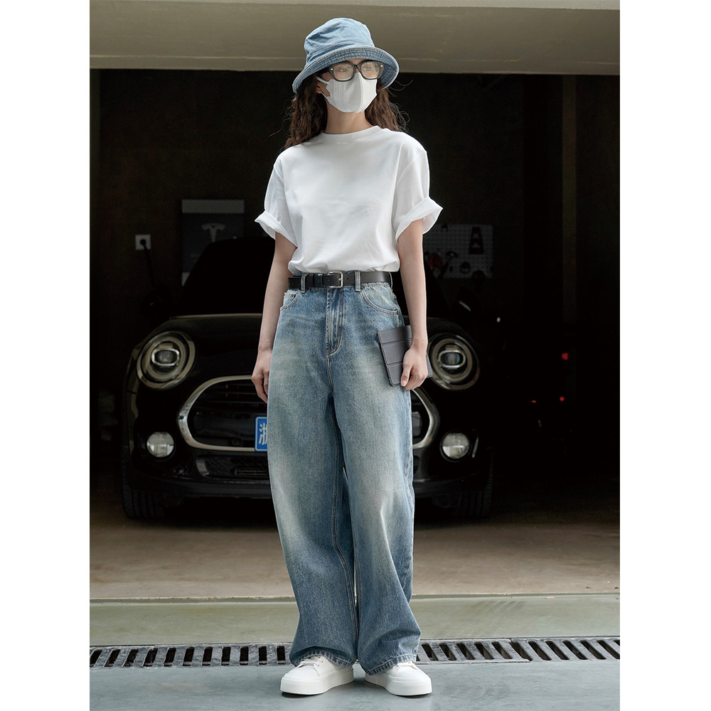 Lu Fu Spring And Summer New Korean Version Of Retro Fashion Daddy Wide Leg Jeans Loose Thin Light Blue Casual Pants Women