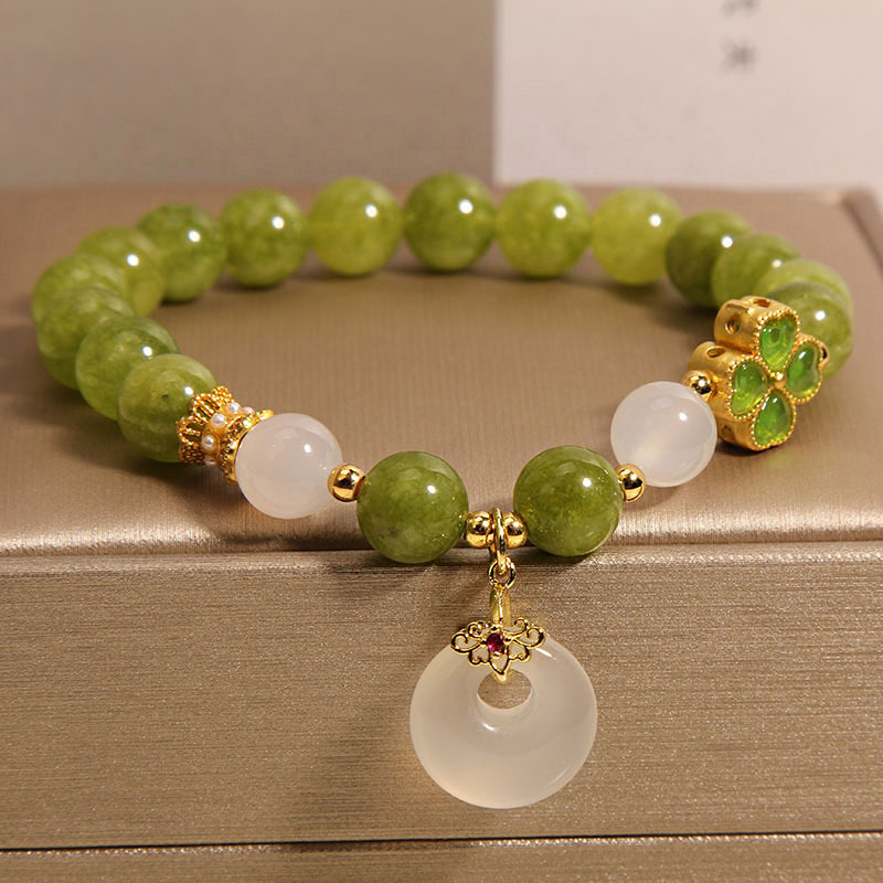 New Chinese-style green tourmaline crystal bracelet for women, light luxury, niche and exquisite four-leaf clover chalcedony peace pendant bracelet Specification image