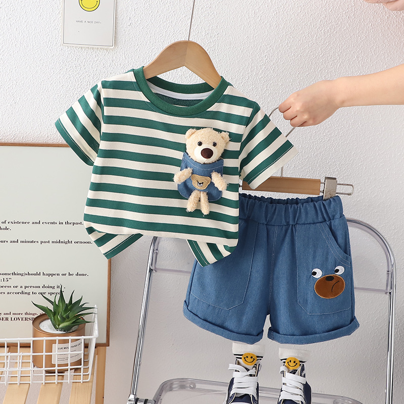 Boys' Summer Set 2024 New Style Baby and Children's short-sleeved Cartoon two-piece set Summer cool cartoon pendant bear details Picture