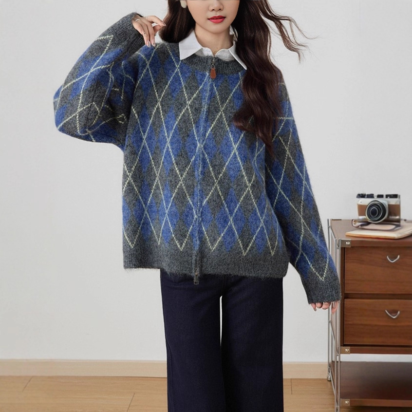 Diamond-shaped jacquard sweater, women's top, retro round-neck sweater, cardigan, woolen blend long-sleeved knitted sweater, autumn/Winter 2025 Specification image