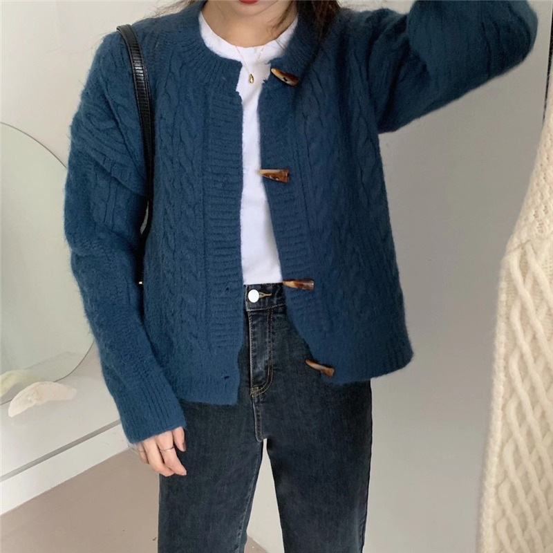 Horn Button Twist Sweater Coat Women's New Autumn And Winter Wear Solid Color Thin Round Neck Short Knit Cardigan Woman Specification drawing