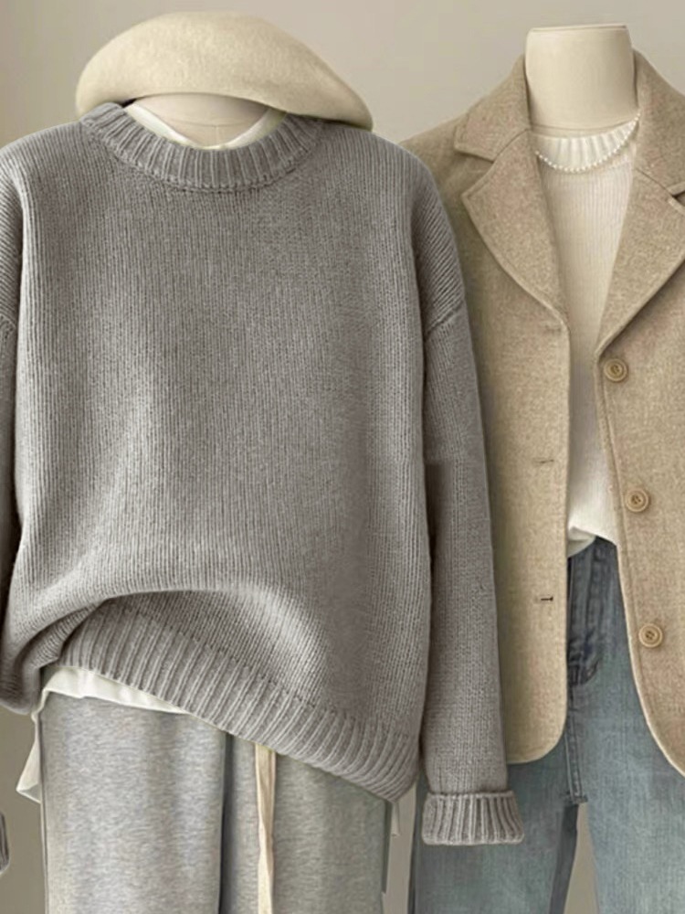 日系复古深绿色毛衣女秋冬宽松慵懒风圆领套头打底内搭针织衫加厚详情7