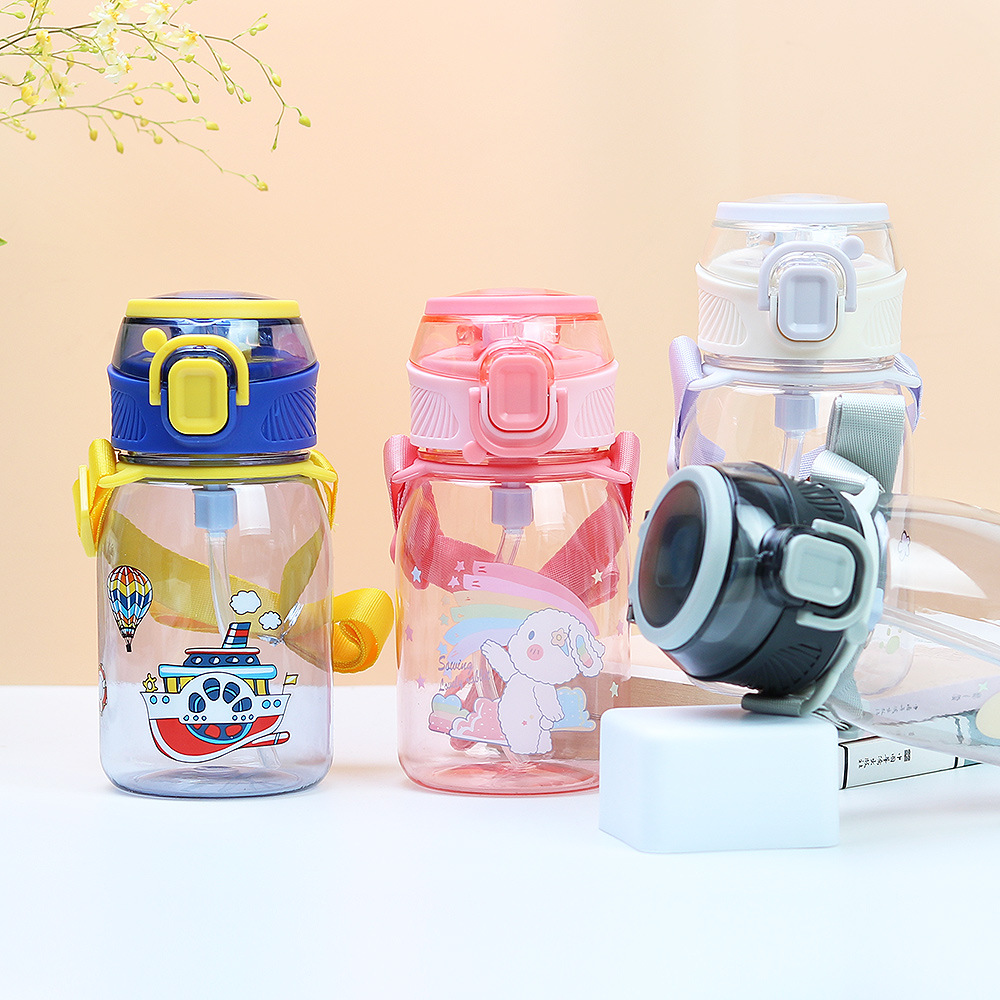 Factory-customized cute cartoon children's plastic cups, duckbill straw cups, portable straps, portable cups, cross-border water cups details Picture