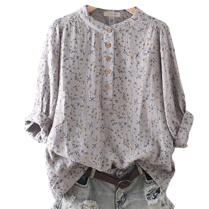 Summer retro floral stand-up collar double-layer baby cotton yarn three-quarter sleeve shirt, artistic style, loose cotton blouse for women Item Picture