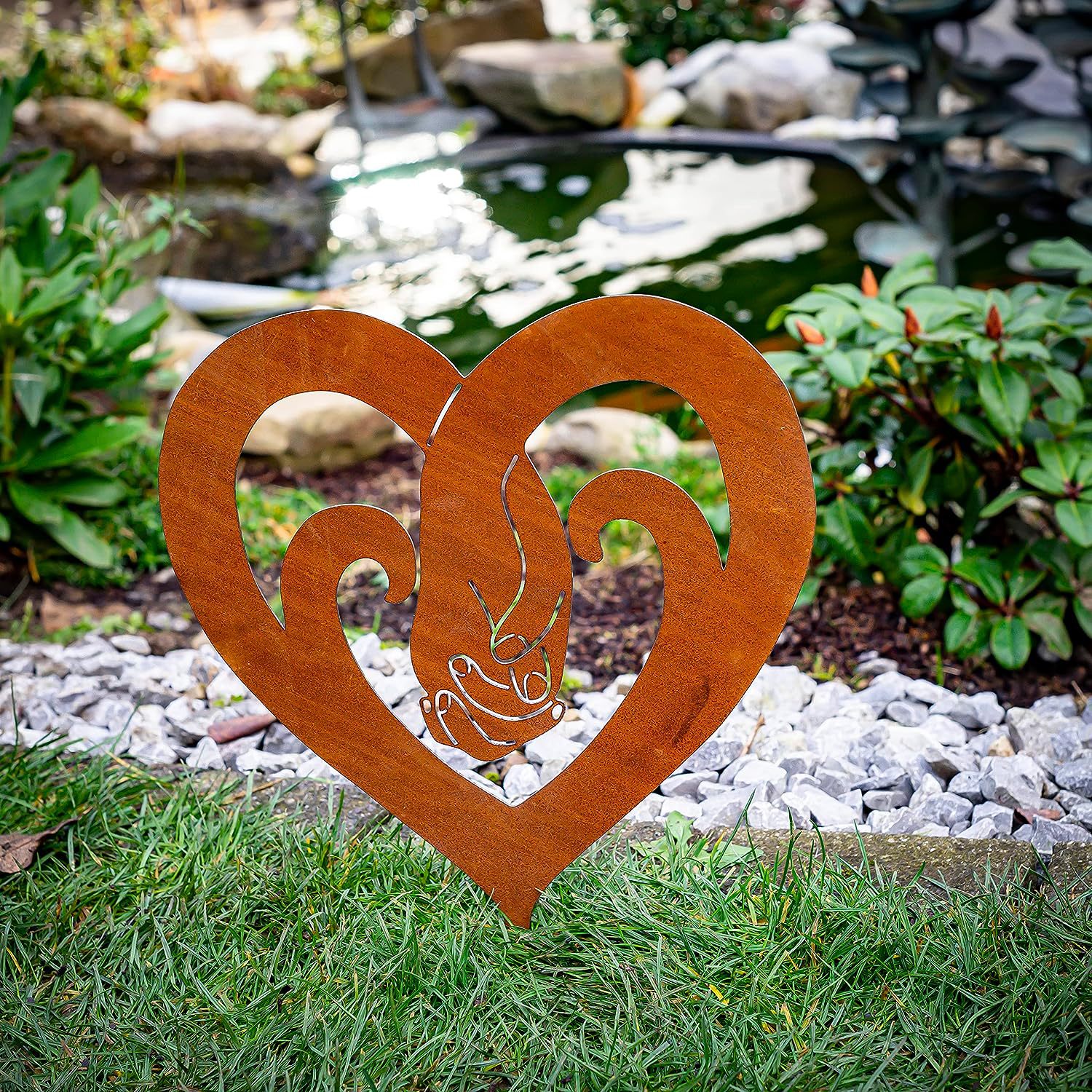 跨境庭院花园创意金属工艺品生锈的爱心牵手剪影插件简约地插装饰