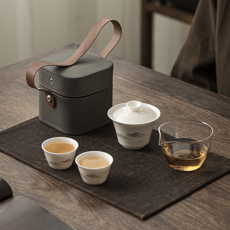 Sheep fat jade travel tea set, outdoor portable tea set, conference and event souvenirs, as a gift for customers