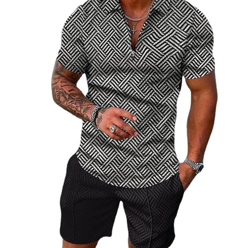 Summer cross-border fashion lapel and zipper polo shirt and shorts set, large-sized men's casual 3D printed sportswear set Item Picture