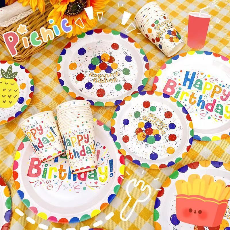 Picnic Disposable Tableware Birthday Party Paper Plate Tablecloth Cake Plate Children Dessert Table Decoration Scene Layout