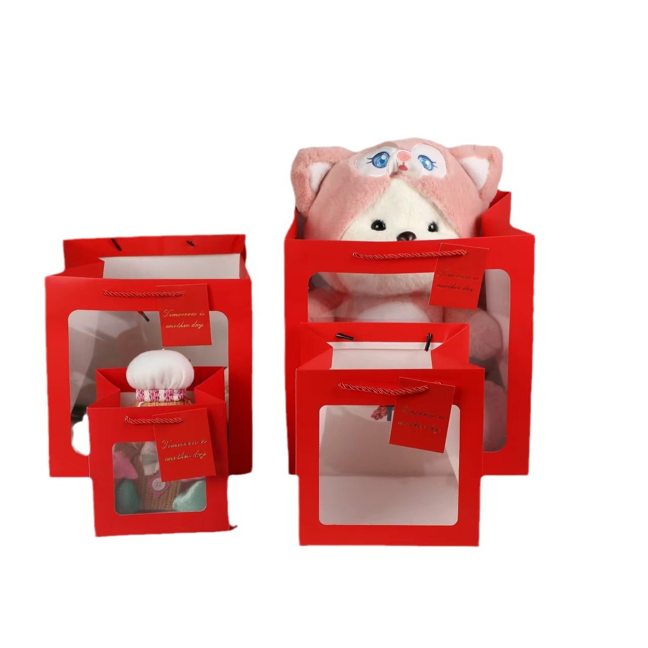 Square windowed transparent gift bags in stock, Teachers' Day flower gift bags, doll packaging, white card wholesale handbags Item Picture