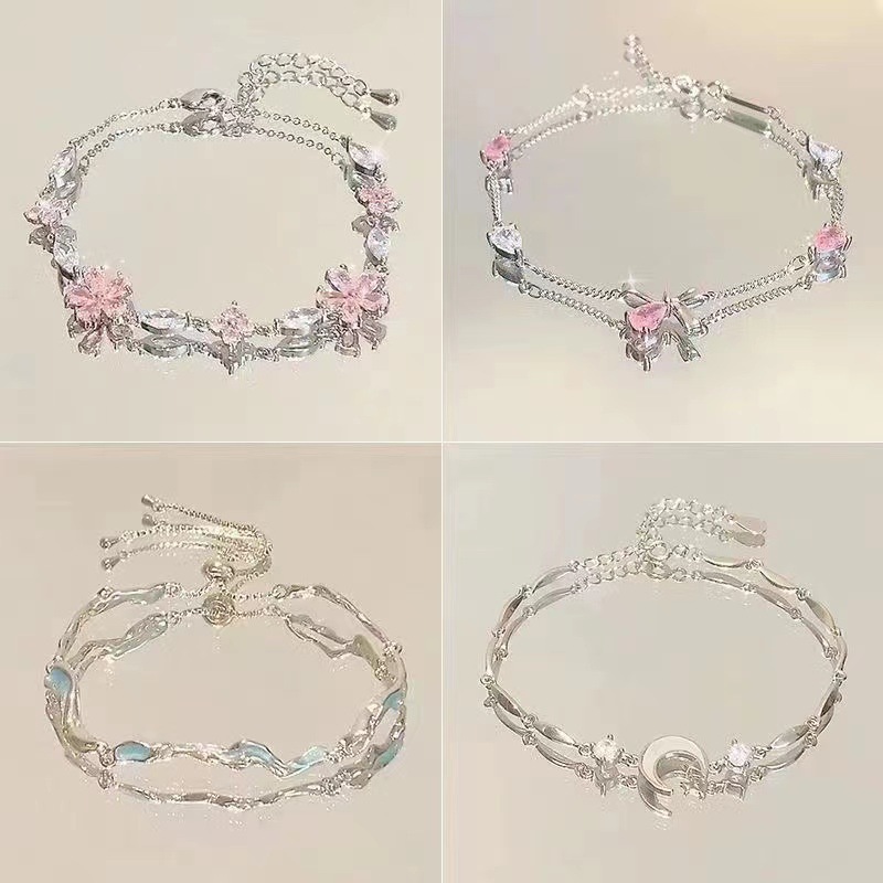 粉色锆石樱花蝴蝶结手链女ins小众轻奢气质高级清冷感闺蜜手饰女