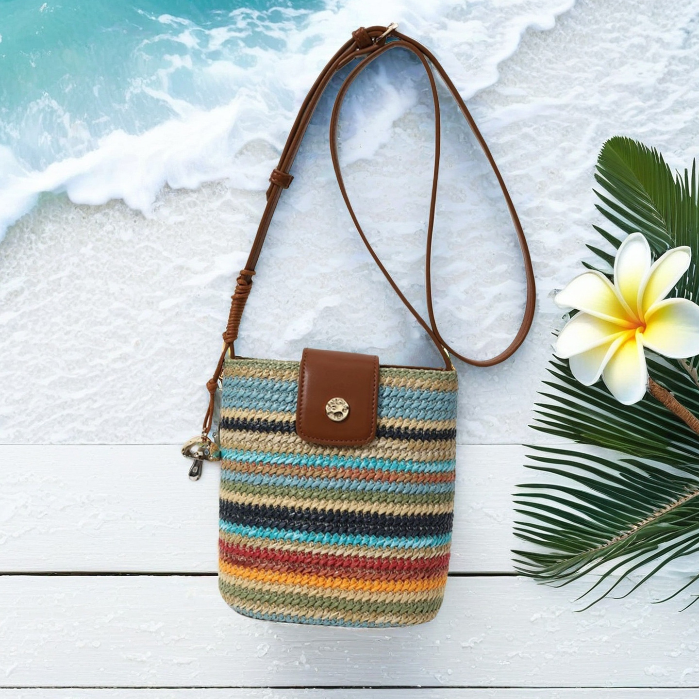 A niche design woven rainbow color-blocking bucket bag for women, a new 2025 fashionable and versatile vacation single-shoulder crossbody bag details Picture