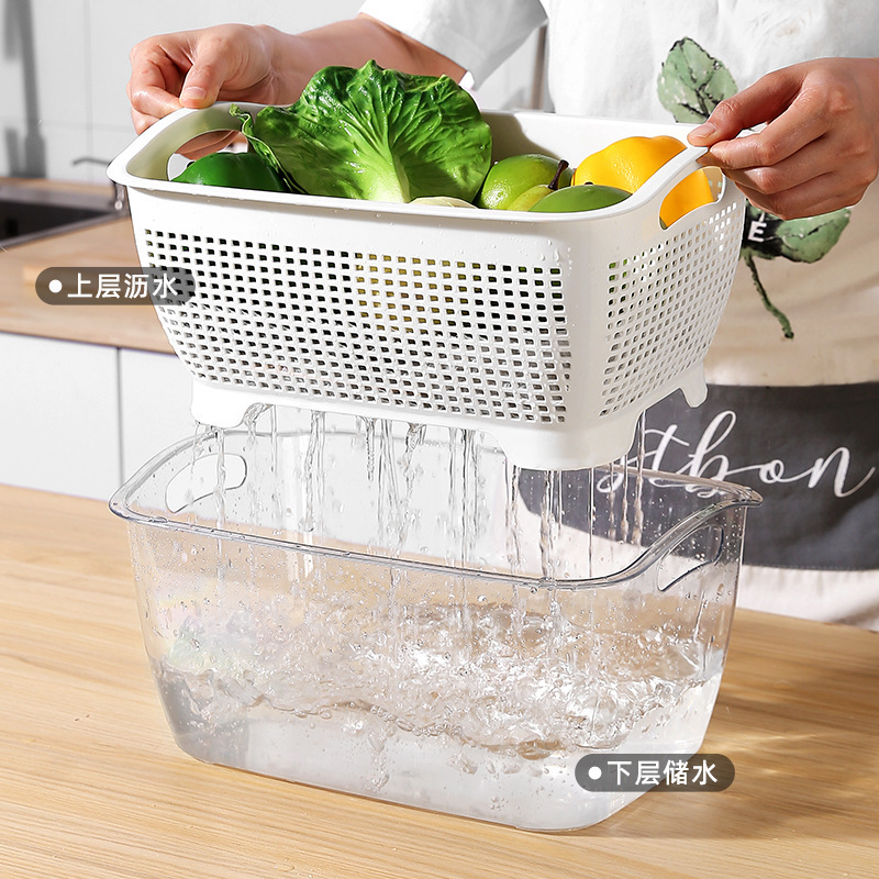 透明双层洗菜盆沥水篮子塑料洗水果盘客厅家用厨房淘米篮收纳筐图