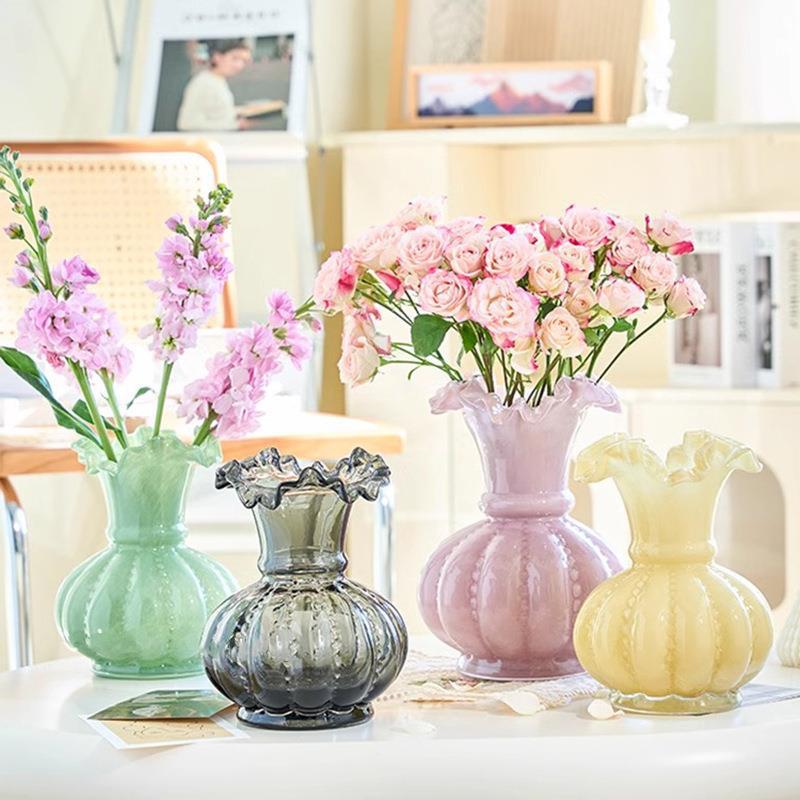 北欧现代简约中古芬顿琉璃玻璃花瓶奶油风高级感高颜值装饰摆件水晶工艺品