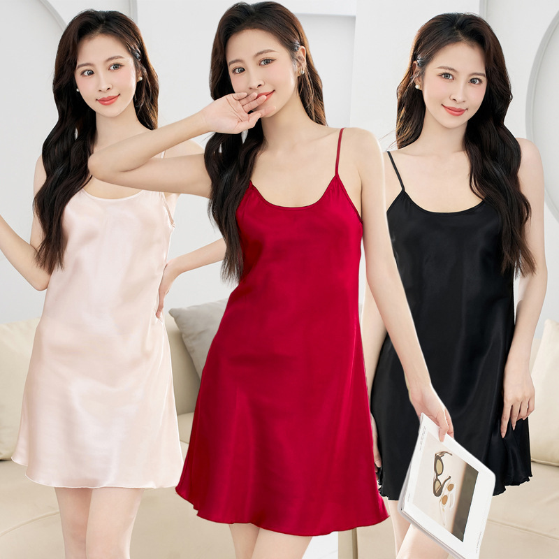 2024 Women's summer ice silk nightdress Thin camisole silk sexy imitation silk home dress pajamas hanging skirt explosion full figure