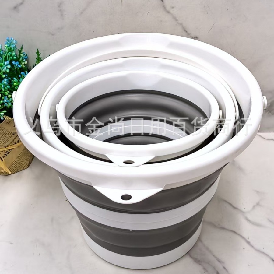 Round folding water bucket, household plastic bucket, dormitory folding bucket, hand-held large, medium and small portable water bucket details Picture