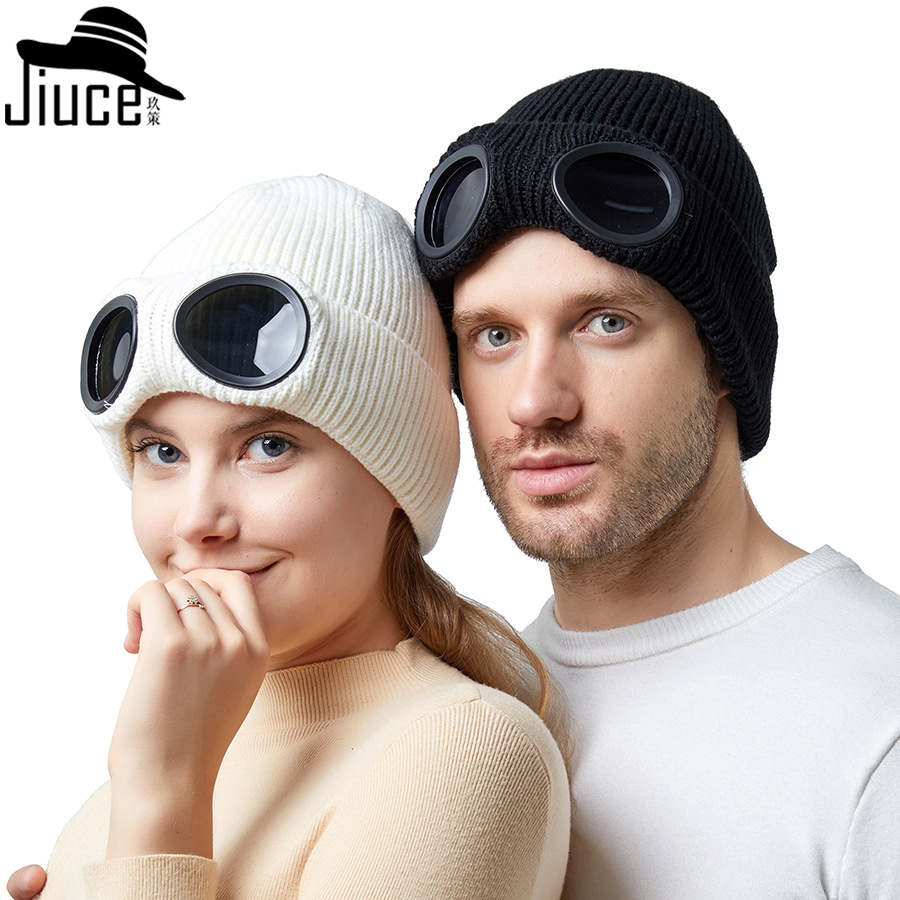 跨境帽子秋冬季男女防风眼镜加绒滑雪针织帽亚马逊欧美保暖毛线帽图