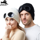 跨境帽子秋冬季男女防风眼镜加绒滑雪针织帽亚马逊欧美保暖毛线帽